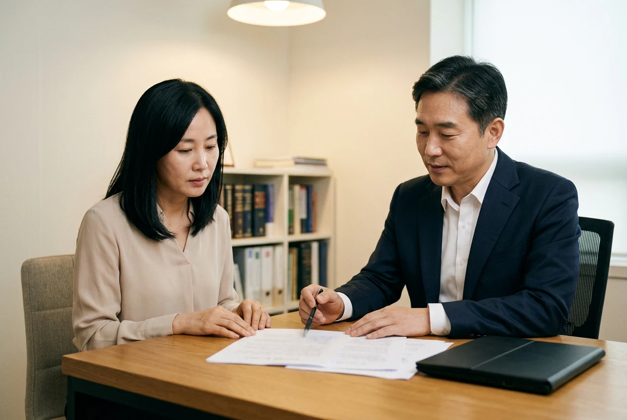 피해자와 변호사가 사무실에서 문서를 검토하는 장면
