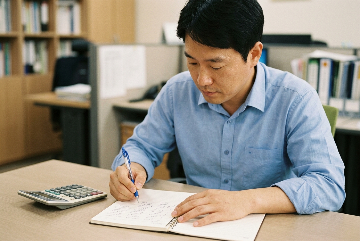 손해배상 계산을 위해 노트에 수식을 적는 직장인