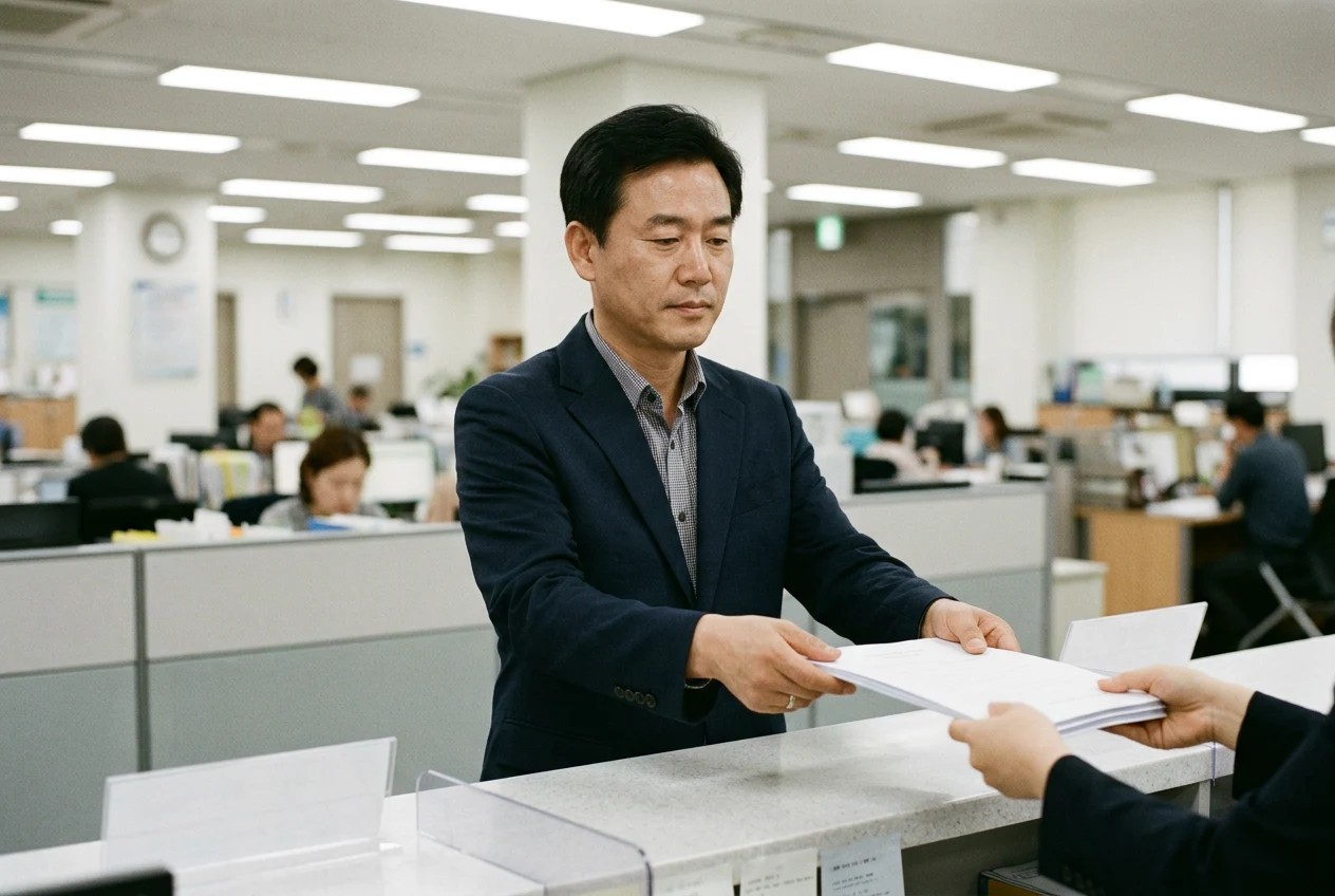 보험 접수 창구에 서류를 제출하는 민원인