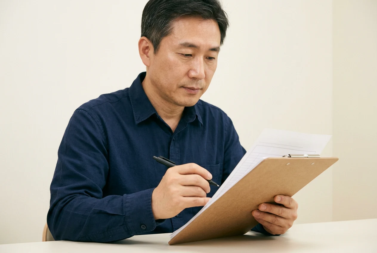 클립보드 서류를 검토하는 40대 남성