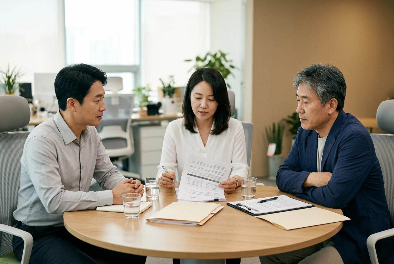 세 명의 한국인이 원형 테이블에서 서류를 검토하며 협의하는 모습