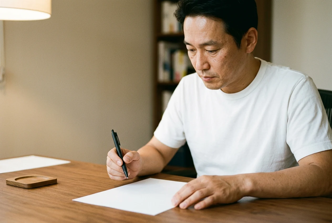 책상에서 빈 종이에 펜을 들고 기재하려는 중년 남성