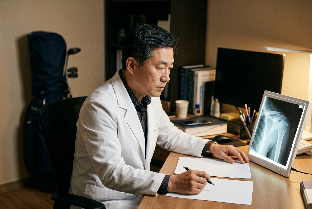 의사가 어깨 엑스레이를 검토하는 모습, 배경에 골프 가방