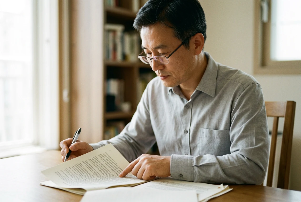 중년 남성이 서재에서 보험 계약서를 꼼꼼히 검토하는 모습
