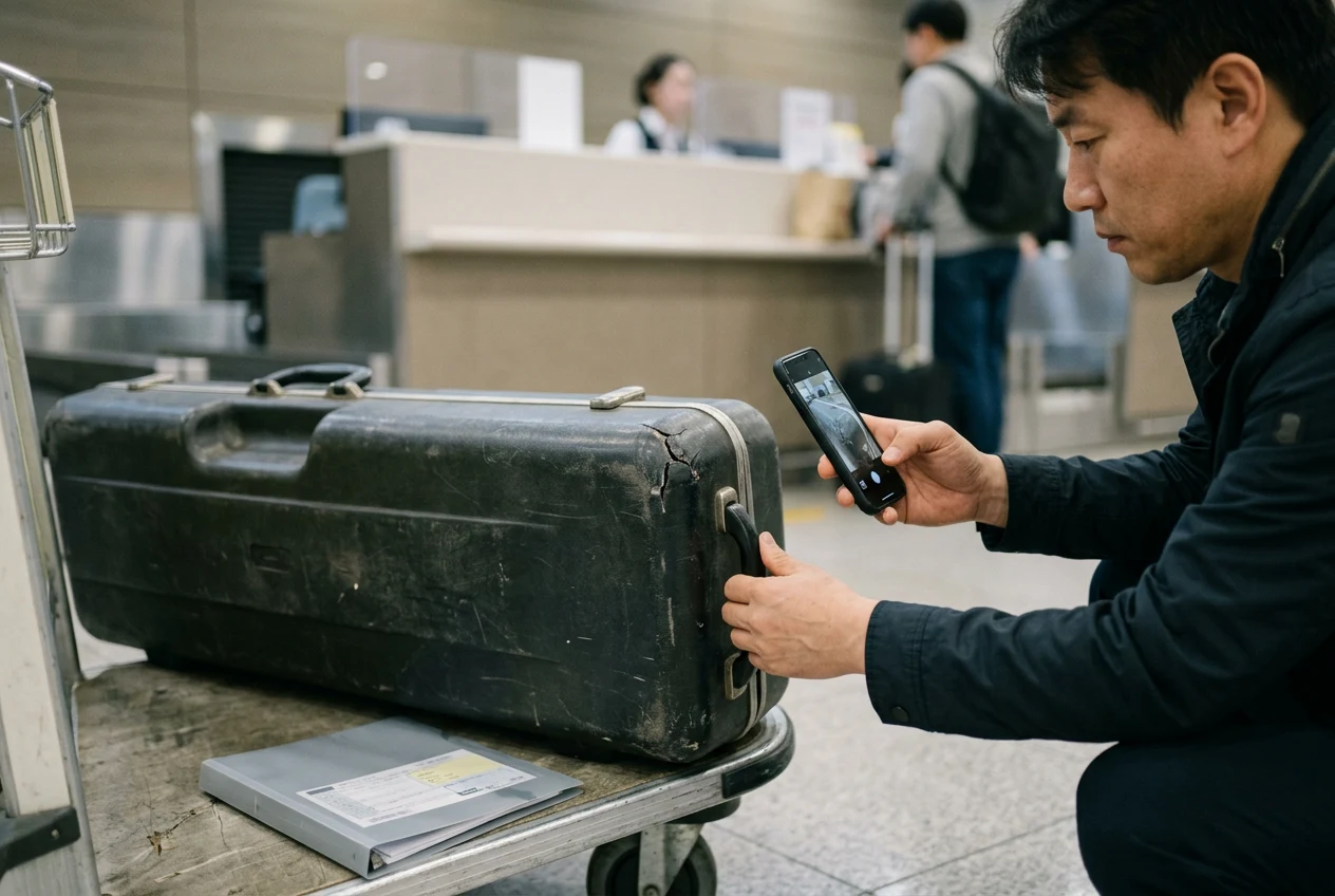 공항 수하물 데스크 근처에서 골프백 파손을 촬영하는 여행자