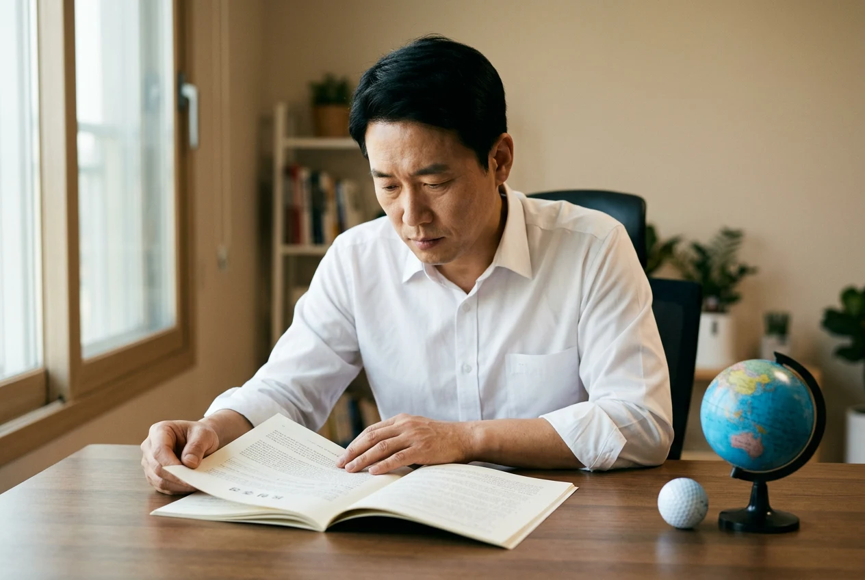 책상에서 보험 서류를 검토하는 남성, 옆에 지구본과 골프공