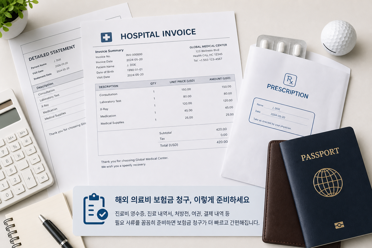 해외 의료비 청구 서류와 여권, 골프공이 놓인 책상