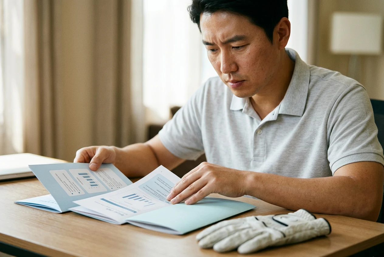 30대 한국 남성이 책상에서 골프보험 안내 팸플릿을 비교하는 모습, 골프 장갑이 옆에 놓여 있음