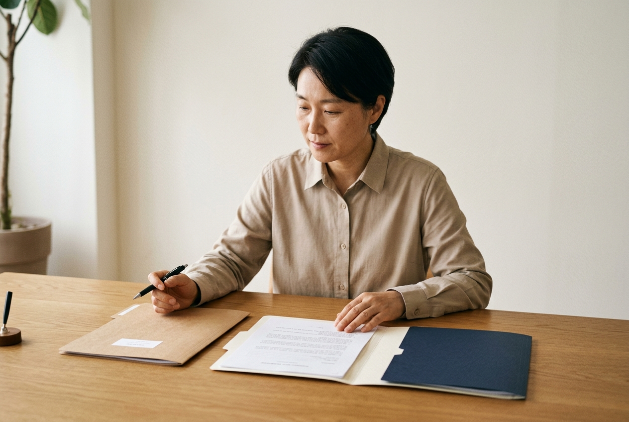 세 개의 서류 폴더를 검토하는 한국인 전문가