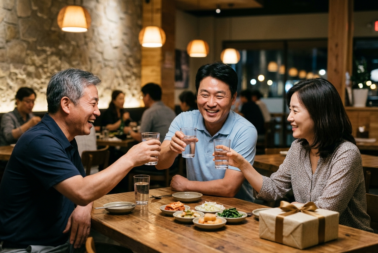홀인원 후 동반자들과 축하 식사를 나누는 골퍼들